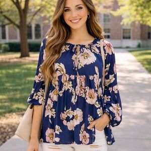 Altar'd State Freesia Women's Medium Blue Floral Ruffle Baby Doll Blouse EUC